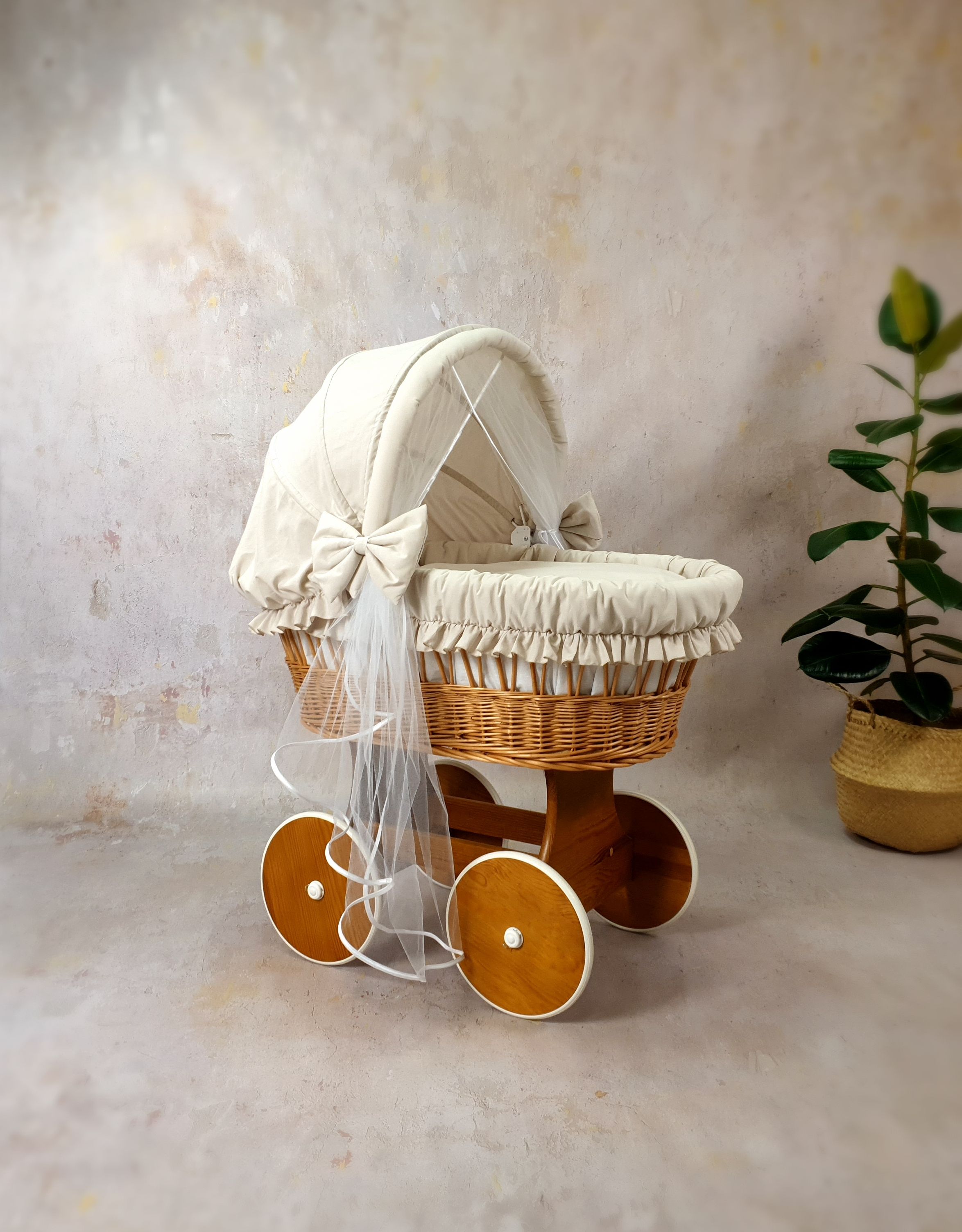 Stubenwagen Komplettset mit Haube und Moskitonetz Beige Baumwolle Serie BNBE-MOS - Bild 2