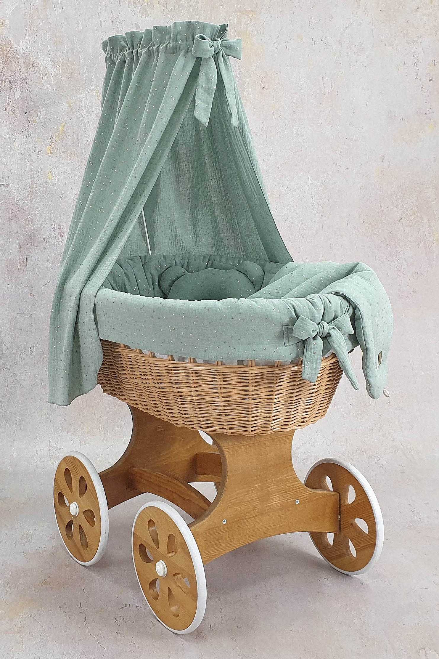 Stubenwagen mit Himmel mit Bettwäsche Set Khaki Musselin Serie TO506