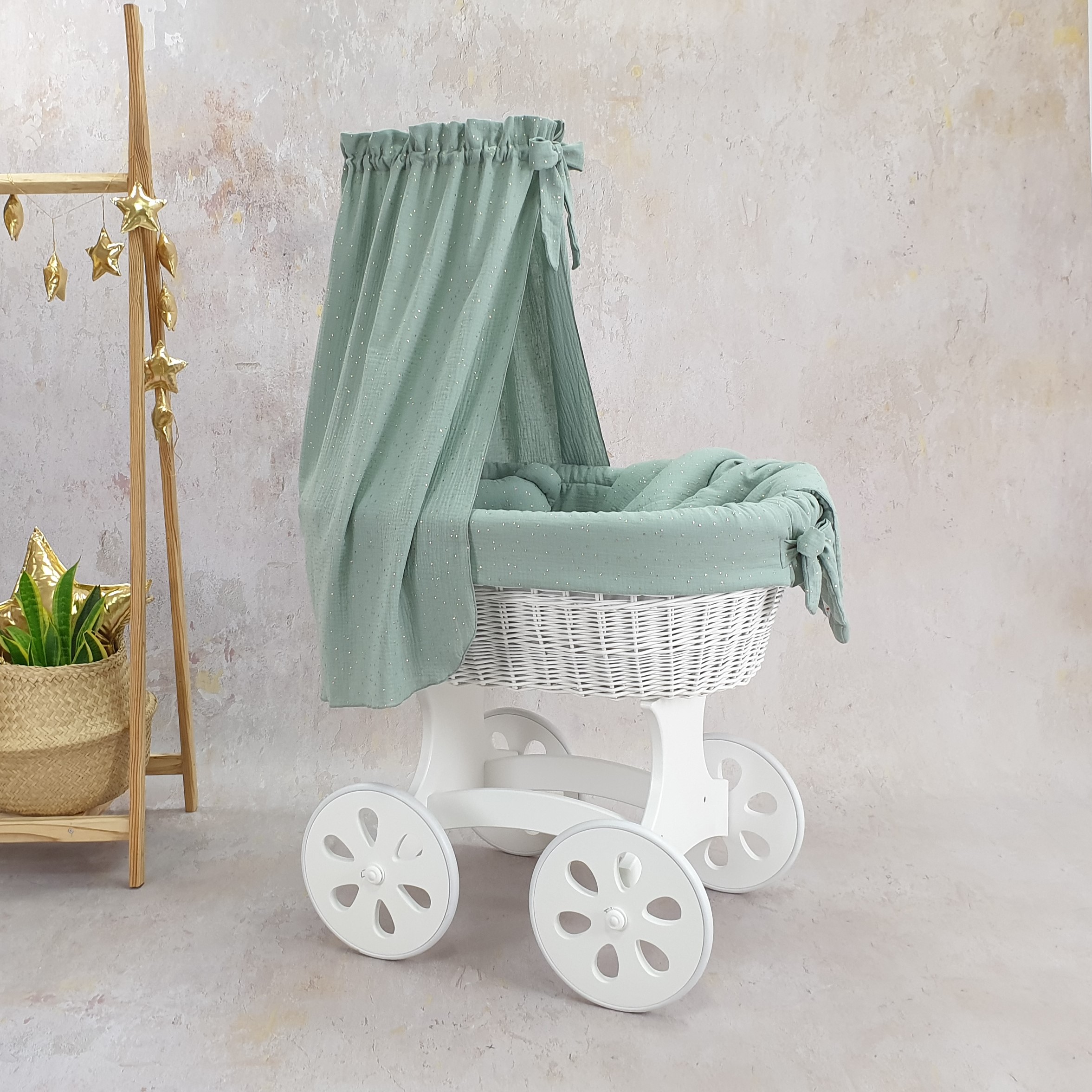 Stubenwagen mit Himmel mit Bettwäsche Set Khaki Musselin - Bild 3