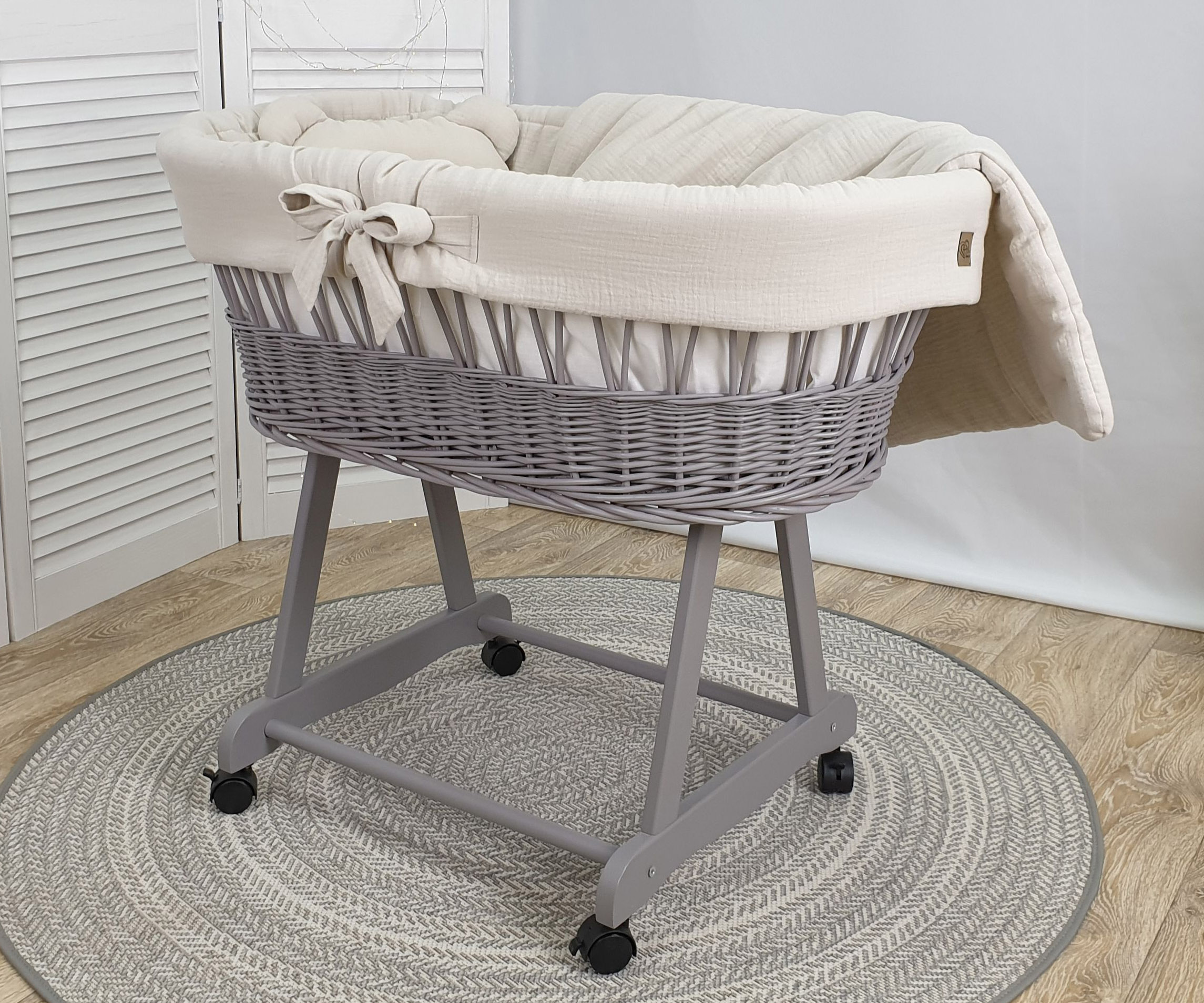 Stubenwagen ohne Himmel mit Bettwäsche Set Beige Musselin