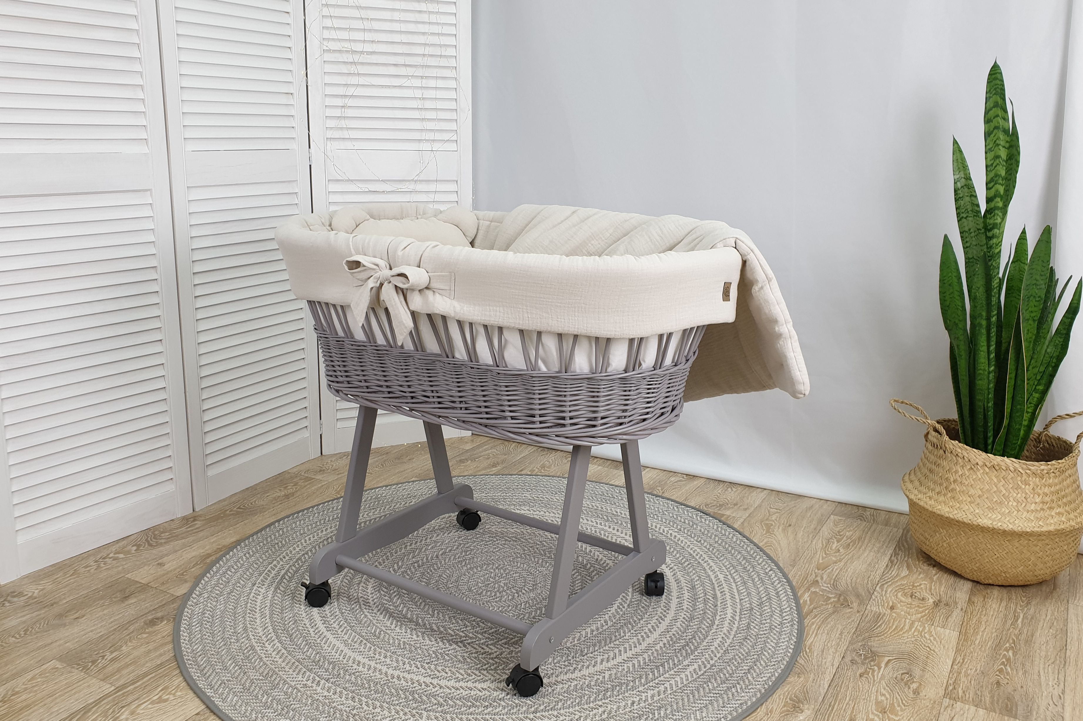 Stubenwagen ohne Himmel mit Bettwäsche Set Beige Musselin - Bild 2