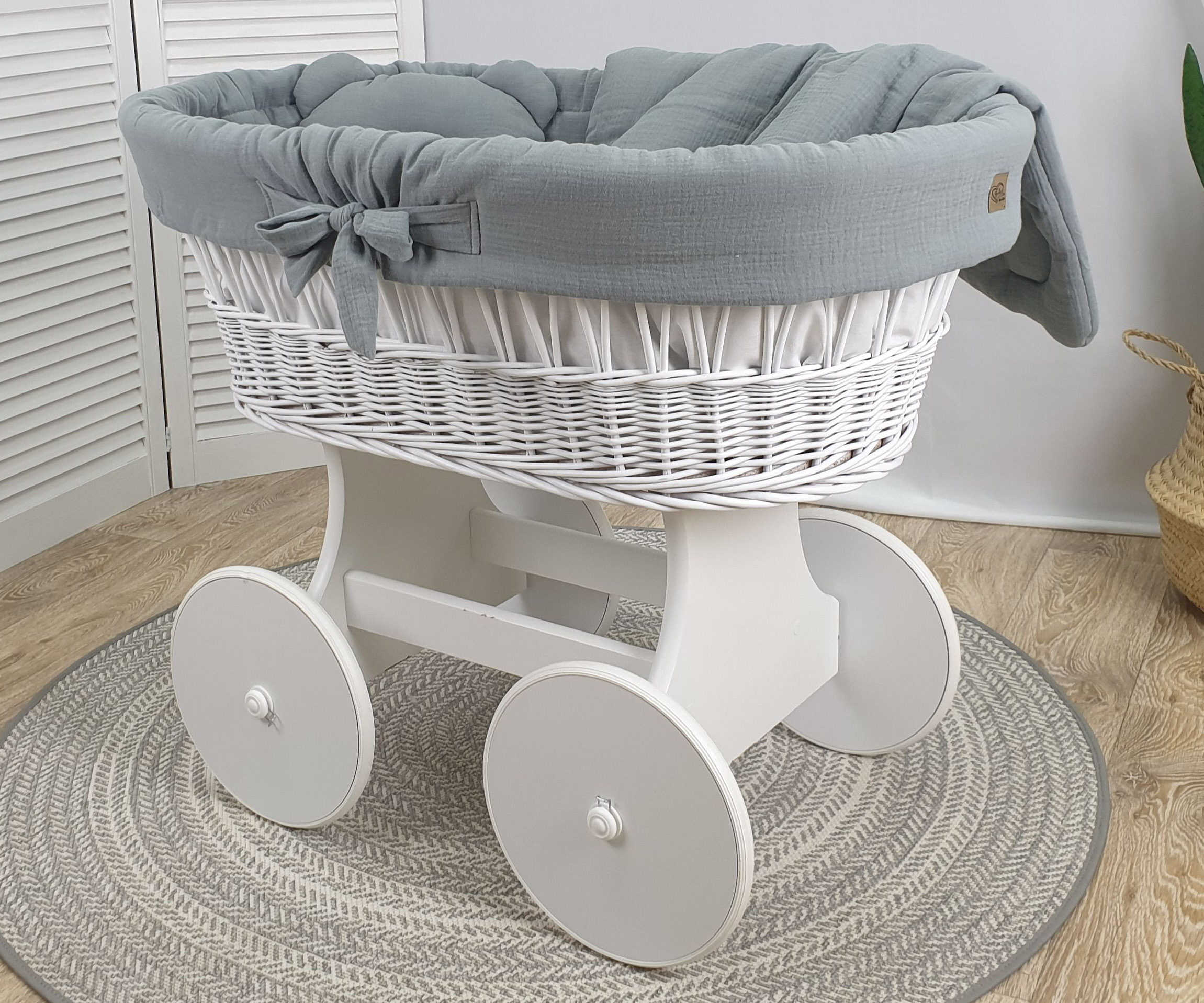Stubenwagen ohne Himmel mit Bettwäsche Set Khaki Musselin Serie BKHKO-MUS